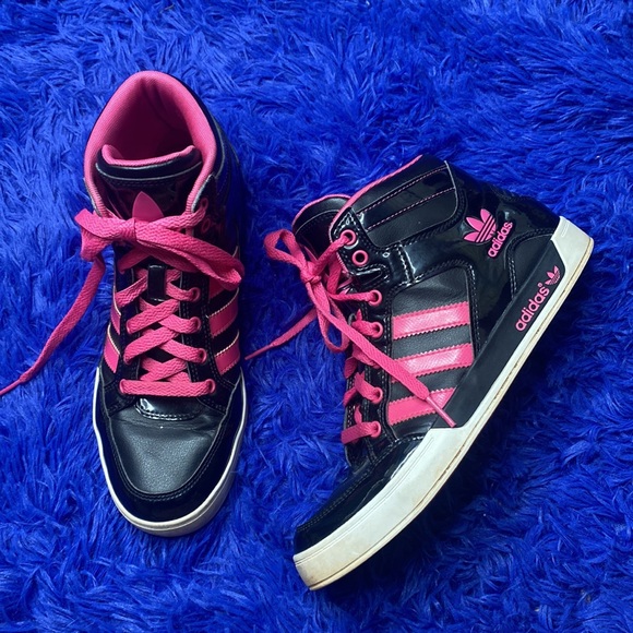 Adidas Black & Pink Lace Up High Top Sneakers Size 7 - Picture 2 of 14